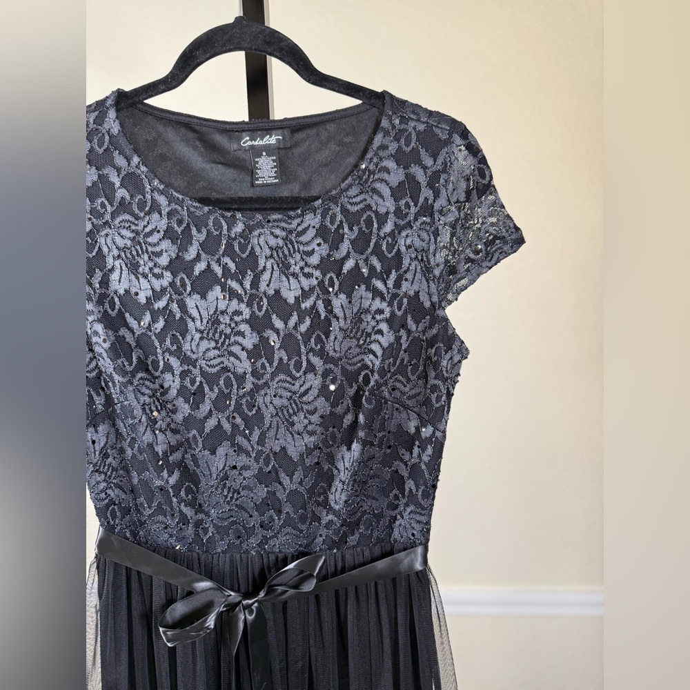 Elegant Lace Bodice Maxi Dress Black Tulle Overlay Formal Gown Prom Tie Small - Picture 8 of 8